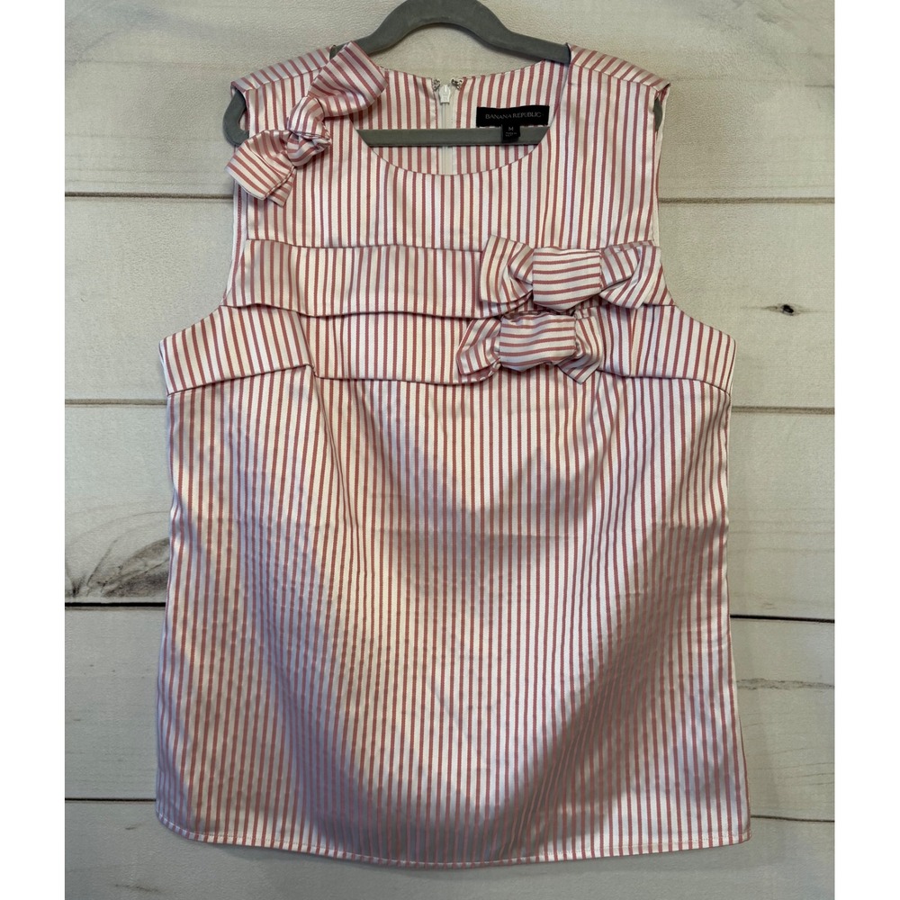 Banana Republic Pink White Stripe Sleeveless Bow Top Women's Size M - Picture 1 of 6